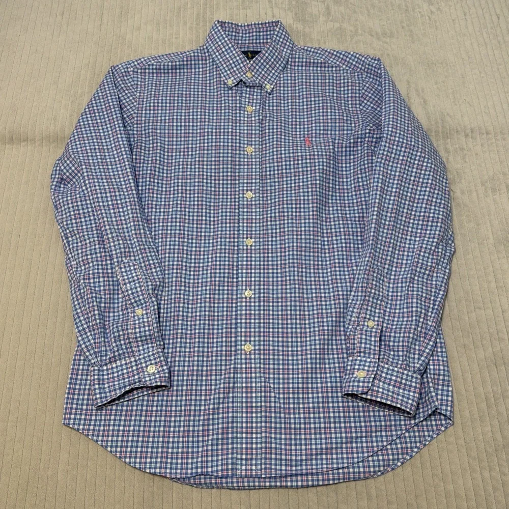 Polo Ralph Lauren Shirt Mens Medium Blue Gingham Check Cotton Stretch Slim Fit